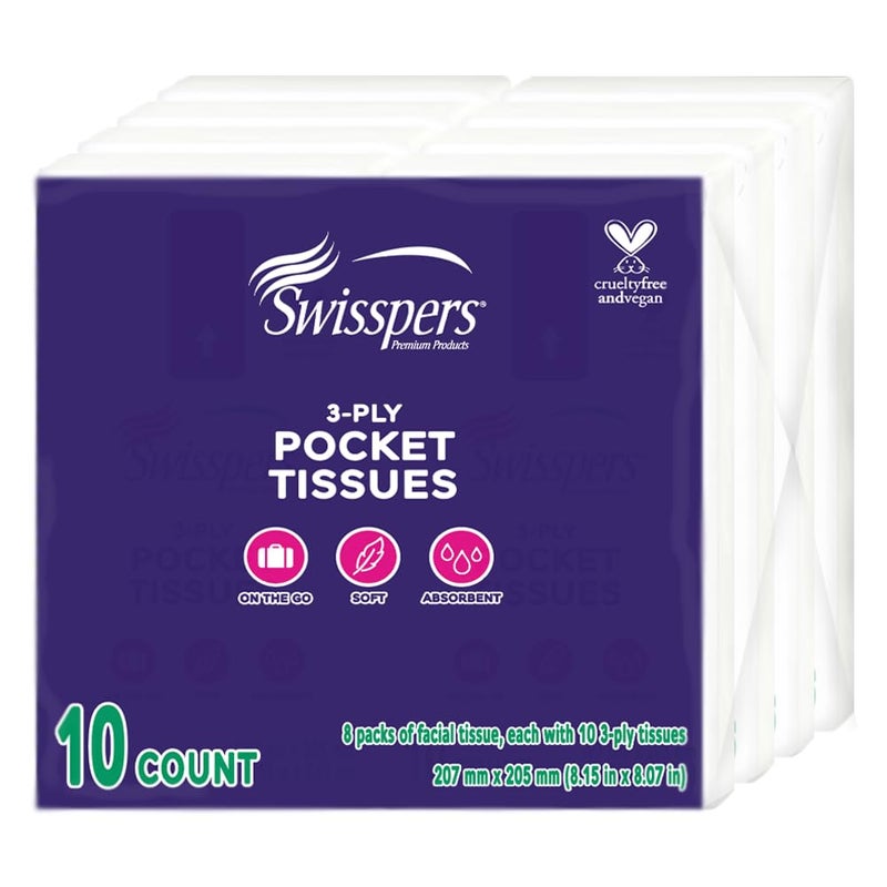 Swisspers Pocket Tissues 3Ply White Facial Tissues for Purse Pocket Car Strong Absorbent 10 TissuesPack 8 Packs 80 Tissues Total