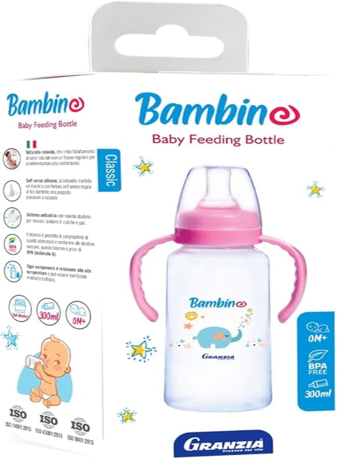 Granzia Bambino Classic Baby Feeding Bottle Rose Color 300 ML With Hand