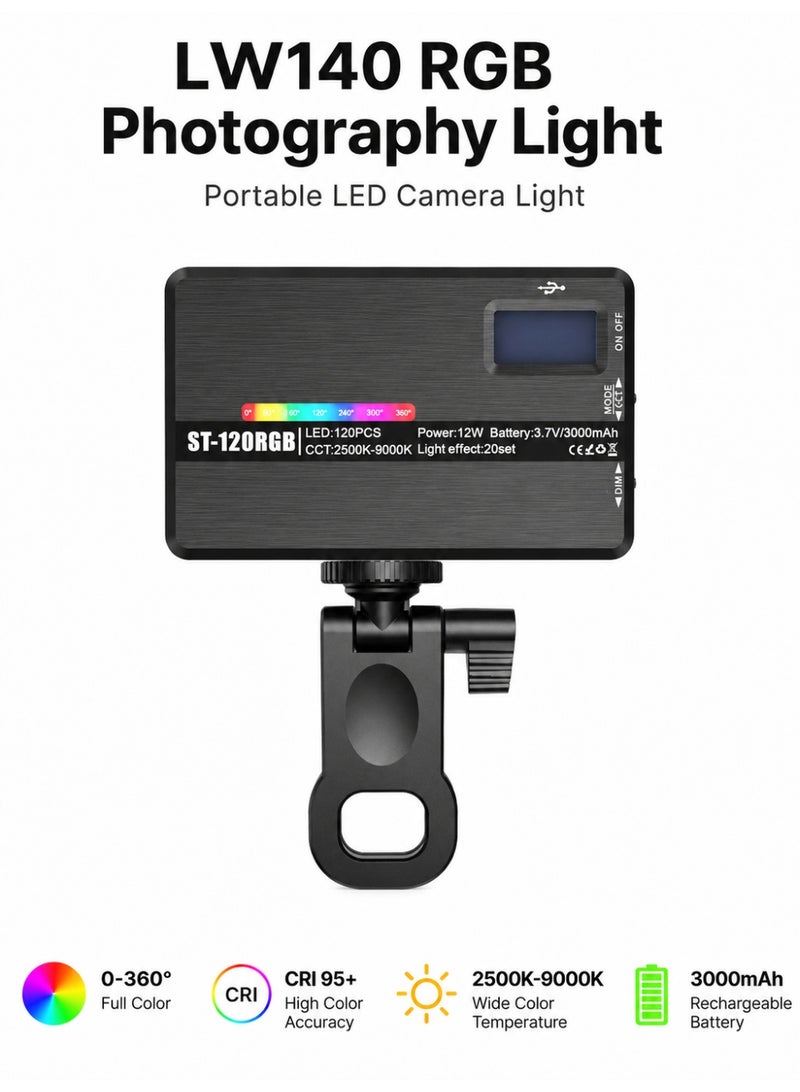 مصباح فيديو RGB Lw140، لوحة إضاءة LED محمولة للكاميرا، ألوان كاملة من 0 إلى 360 درجة، مؤشر تجسيد اللون 95+، نطاق درجة حرارة اللون من 2500 كلفن إلى 9000 كلفن، 20 تأثير إضاءة، بطارية LED قابلة للشحن بسعة 3000 مللي أمبير، مثالية للتصوير الفوتوغرافي، ومؤتمرات الفيديو، وتطبيق تيك توك. - Image 1