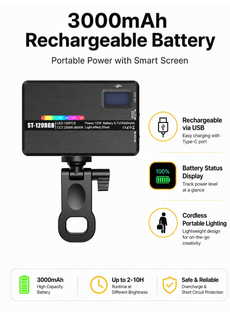 مصباح فيديو RGB Lw140، لوحة إضاءة LED محمولة للكاميرا، ألوان كاملة من 0 إلى 360 درجة، مؤشر تجسيد اللون 95+، نطاق درجة حرارة اللون من 2500 كلفن إلى 9000 كلفن، 20 تأثير إضاءة، بطارية LED قابلة للشحن بسعة 3000 مللي أمبير، مثالية للتصوير الفوتوغرافي، ومؤتمرات الفيديو، وتطبيق تيك توك. - Image 3