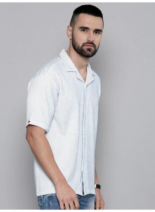 Maniac  Maniac Mens Crochet Solid Collared Neck Full Sleeve SkyBlue Cotton Shirt for Men | Best Price UAE