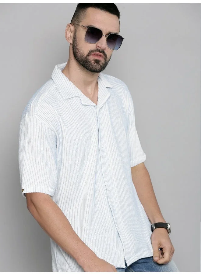مانياك قميص رجالي قطن سماوي بياقة كروشيه وأكمام ثلاثة أرباع