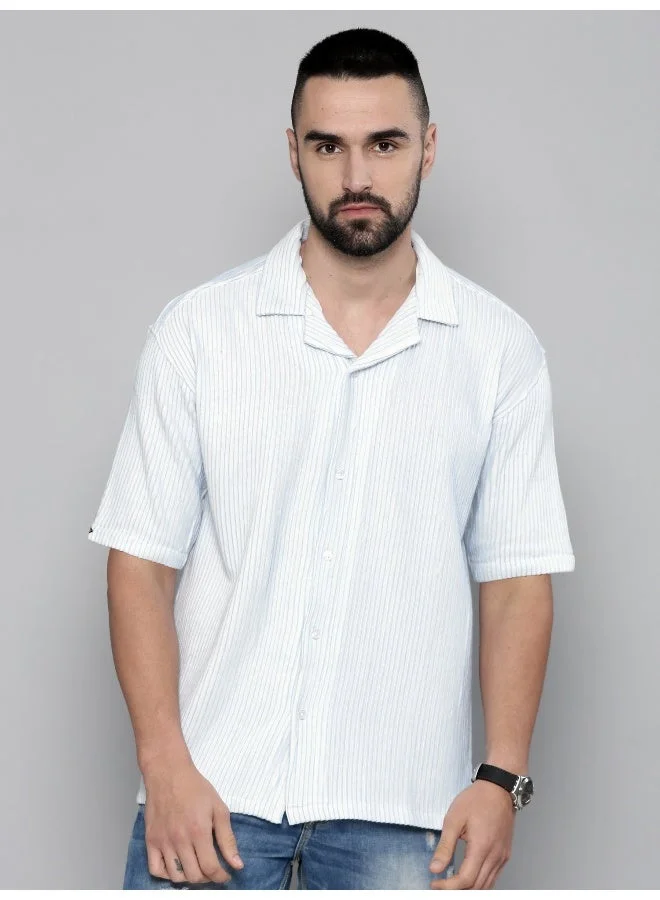 مانياك قميص رجالي قطن سماوي بياقة كروشيه وأكمام ثلاثة أرباع