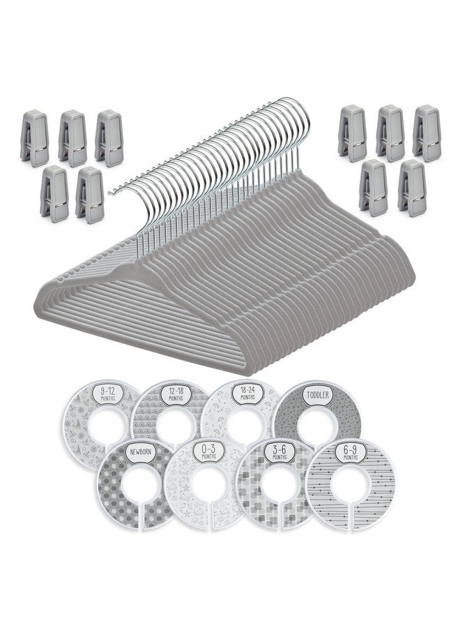 Babyrish Velvet Baby Hangers 30 Pack, Ultra Thin Nonslip Nursery Clothes Hangers with 8pcs Cute Clothing Dividers and 10pcs Hanger Clips for Kids Baby Boys & Girls Closet Organizer, Grey - Image 4