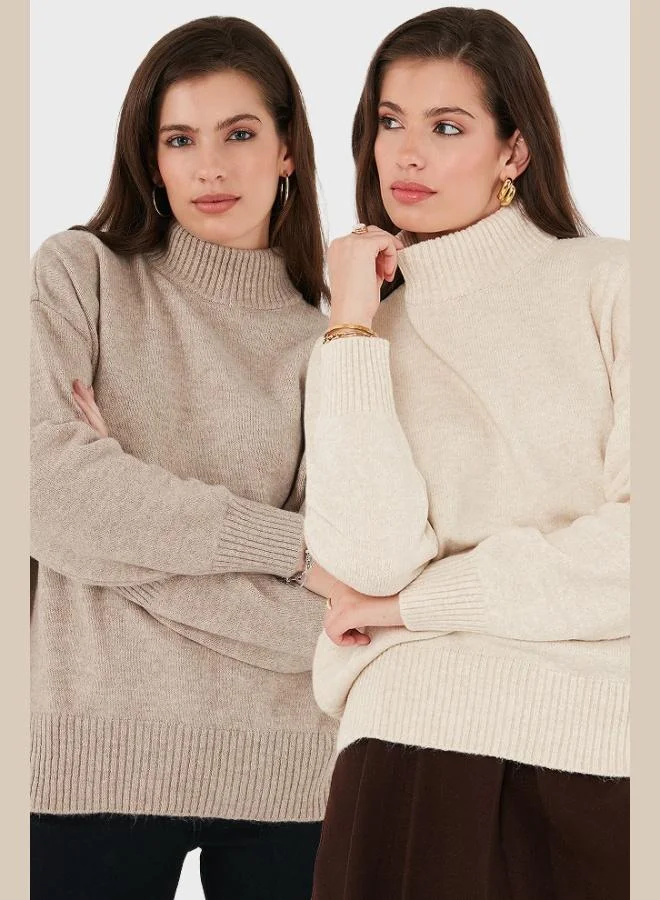 ليلا كنزة نسائية بياقة عالية مقاس كبير ناعمة قطعتين