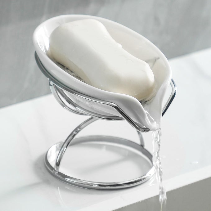 LEAFSHAPED SOAP DISH PREMIUM CERAMIC SOAP BAR HOLDER WITH SELFDRAINAGE SYSTEM BAR SOAP HOLDER FOR SHOWER BATHROOM SINK KITCHEN WATERFALL SOAP DISH WITH STAINLESS STEEL STAND SLIVER
