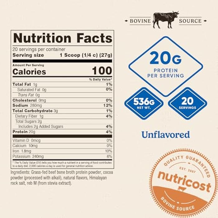 Nutricost Beef Bone Broth Protein Powder Chocolate (20 Servings) - Gluten-Free, GMO-Free - Image 2