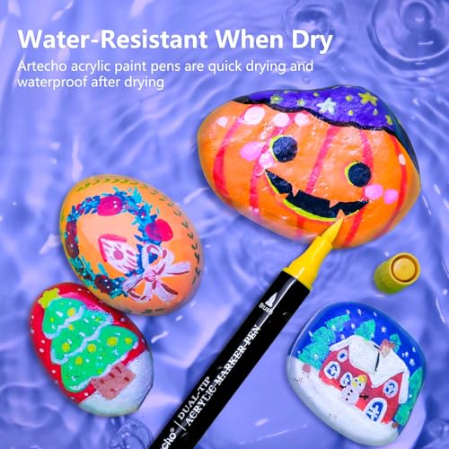 Artecho Markers طلاء أكريليك Artecho 60 لون، أقلام طلاء أكريليك مع طرف فرشاة وطرف دقيق للرسم على الحجر، الصخور، الورق، اليقطين، الخشب، البيض، القماش، السيراميك، القماش، الجلد، الزجاج، الحرف اليدوية DIY - Image 5