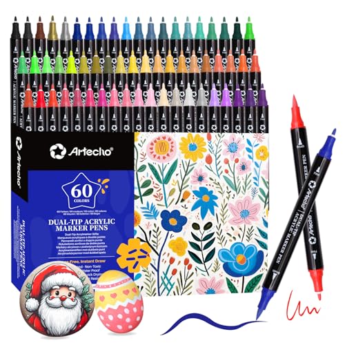 Artecho Markers طلاء أكريليك Artecho 60 لون، أقلام طلاء أكريليك مع طرف فرشاة وطرف دقيق للرسم على الحجر، الصخور، الورق، اليقطين، الخشب، البيض، القماش، السيراميك، القماش، الجلد، الزجاج، الحرف اليدوية DIY - Image 1