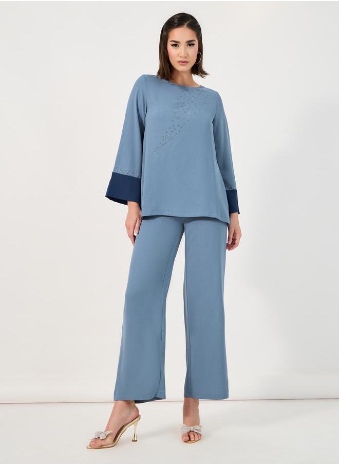 Styli Contrast Cuff Detail Embellished Top & Wide Leg Pants Modest Set  - Image 1