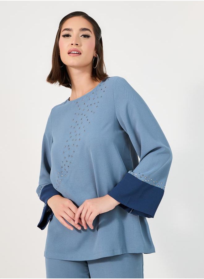 Styli Contrast Cuff Detail Embellished Top & Wide Leg Pants Modest Set  - Image 2