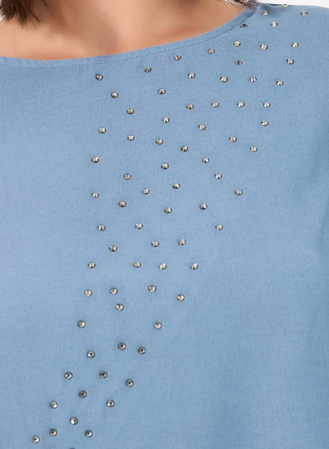 Amirah Blue Contrast Cuff Detail Embellished Top and Wide Leg Pants Modest Set for Women | Best Price UAE
