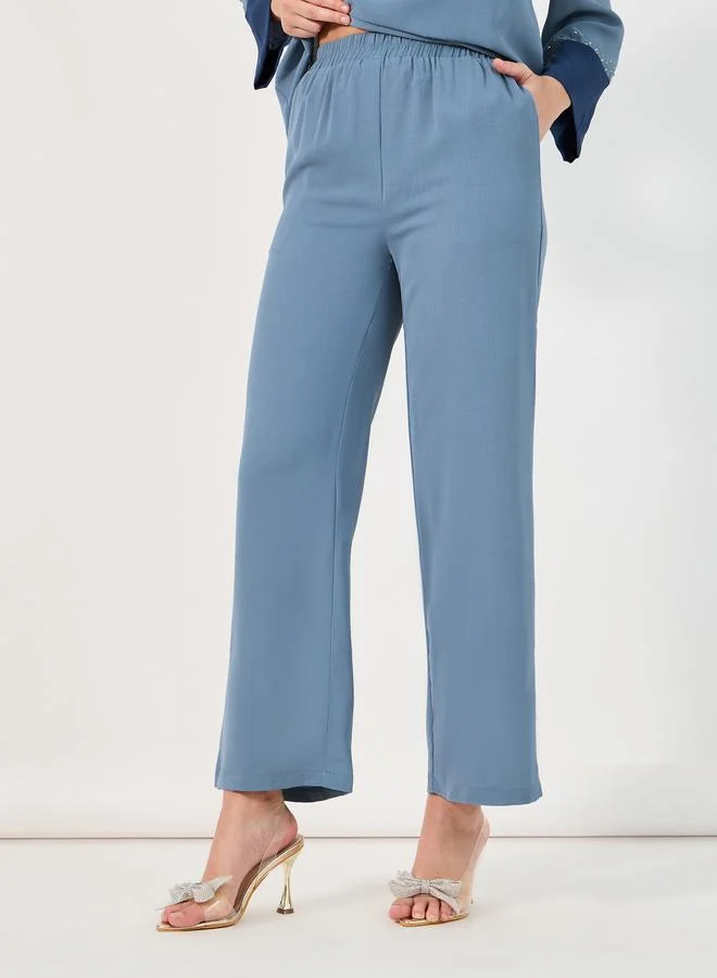 Amirah Blue Contrast Cuff Detail Embellished Top and Wide Leg Pants Modest Set for Women | Best Price UAE
