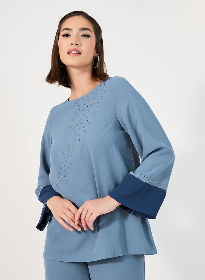 Amirah Contrast Cuff Detail Embellished Top and Wide Leg Pants Modest Set
