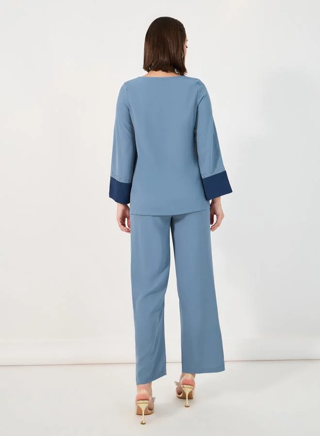 Amirah Blue Contrast Cuff Detail Embellished Top and Wide Leg Pants Modest Set for Women | Best Price UAE