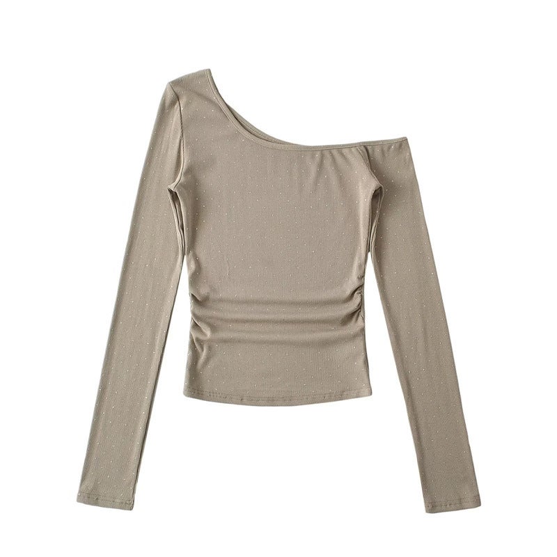 American Style Spice Girl One-Character Collar Slant Shoulder Rhinestone Long-Sleeved T-Shirt Autumn New Pure Desire Shoulder Inner Base Shirt - Image 4