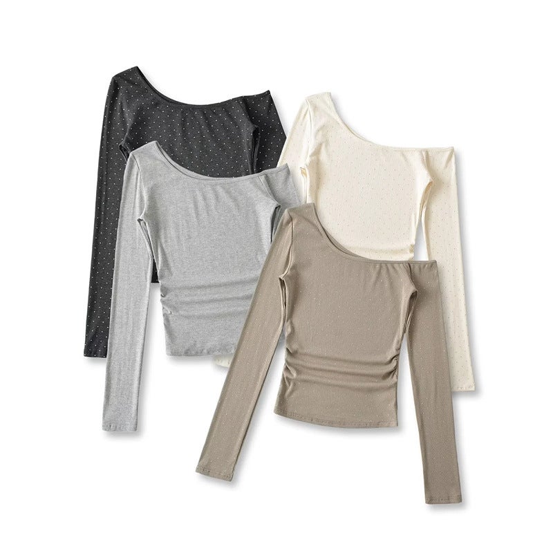 American Style Spice Girl One-Character Collar Slant Shoulder Rhinestone Long-Sleeved T-Shirt Autumn New Pure Desire Shoulder Inner Base Shirt - Image 2