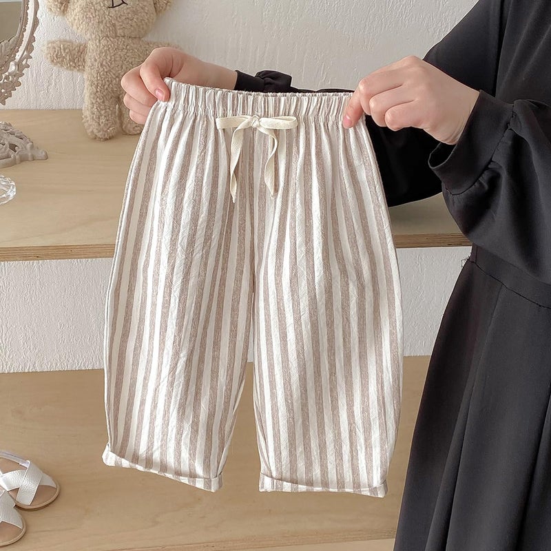 Ashmyova Classic Casual Pants for Boys Thin Cotton Stripe Elastics Waist Spring Summer Trousers Toddler Long Pants 2Pcs Coffee/Green Size 3-4 Years - Image 3