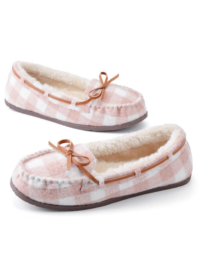 KOLILI Womens Faux Fur Moccasin Slippers, Indoor Outdoor Warm & Cozy House Shoes with Durable Rubber Sole, Pink Plaid, 11 - Image 1