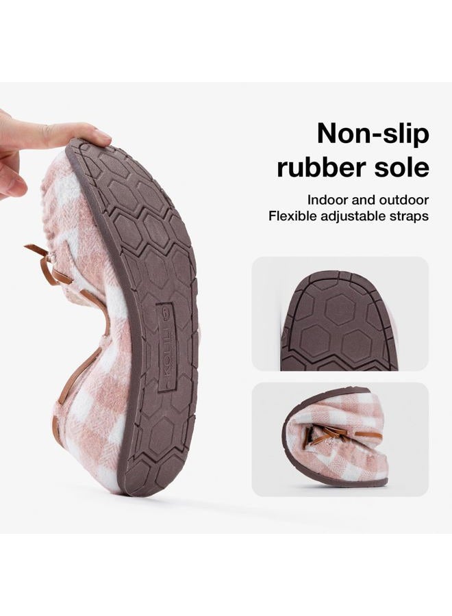 KOLILI Womens Faux Fur Moccasin Slippers, Indoor Outdoor Warm & Cozy House Shoes with Durable Rubber Sole, Pink Plaid, 11 - Image 2