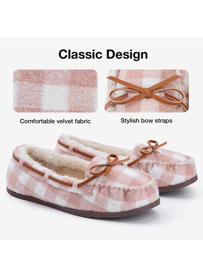 KOLILI Womens Faux Fur Moccasin Slippers, Indoor Outdoor Warm & Cozy House Shoes with Durable Rubber Sole, Pink Plaid, 11 - Image 3