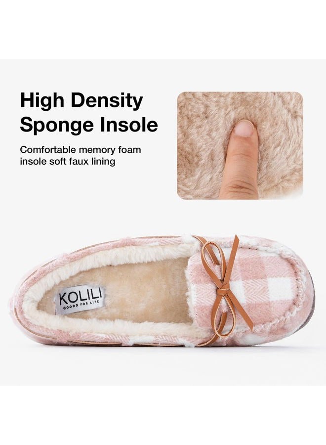 KOLILI Womens Faux Fur Moccasin Slippers, Indoor Outdoor Warm & Cozy House Shoes with Durable Rubber Sole, Pink Plaid, 11 - Image 4