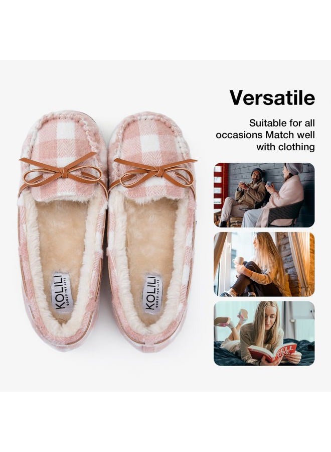 KOLILI Womens Faux Fur Moccasin Slippers, Indoor Outdoor Warm & Cozy House Shoes with Durable Rubber Sole, Pink Plaid, 11 - Image 5