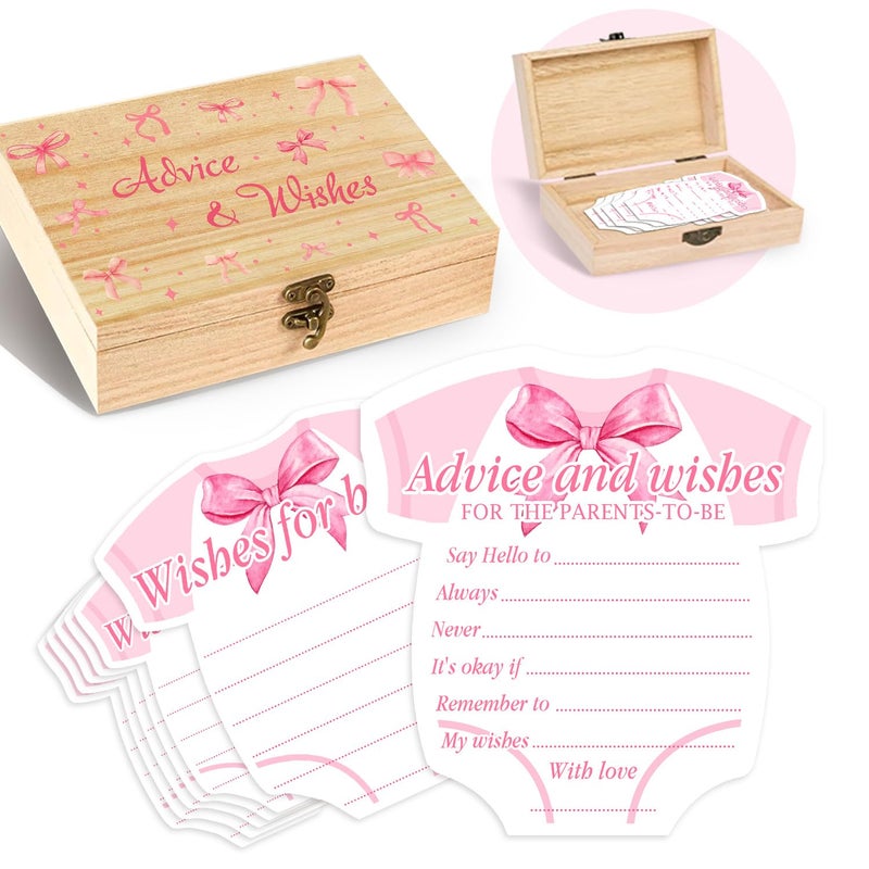BirtDerr Pink Bow Baby Shower Decorations, Coquette Baby Shower Prediction and Advice Cards, 50PCS Pink Bow Advice and Wish Cards with Box for New Parents, Bow Games Activity for Gender Reveal Party - Image 1