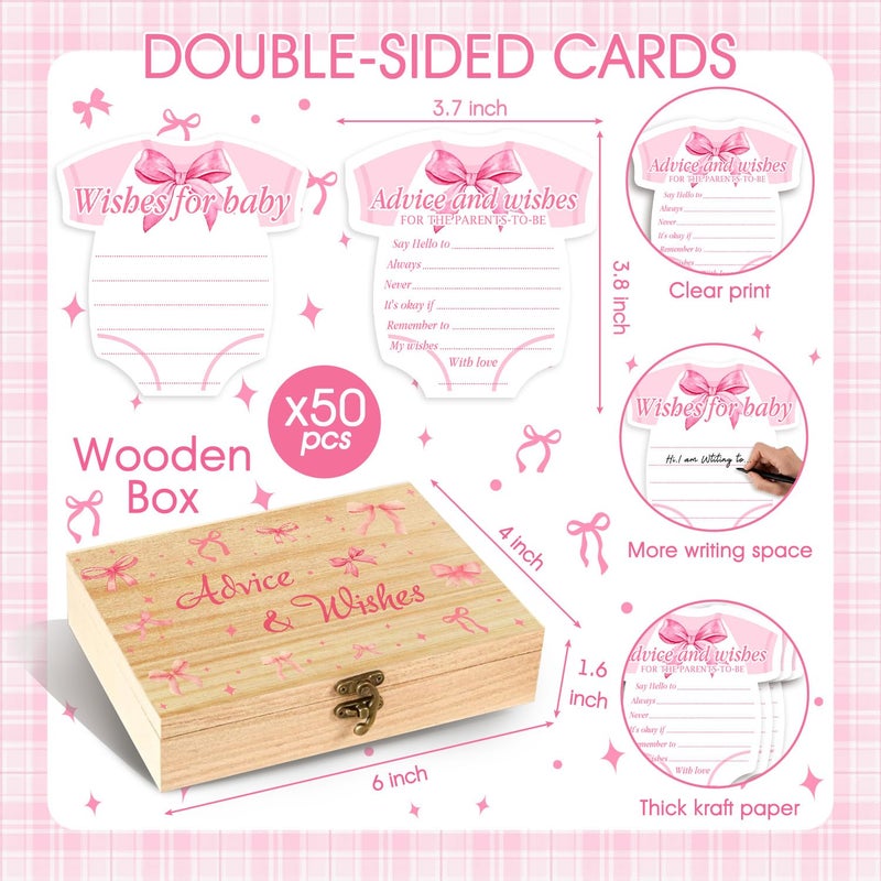 BirtDerr Pink Bow Baby Shower Decorations, Coquette Baby Shower Prediction and Advice Cards, 50PCS Pink Bow Advice and Wish Cards with Box for New Parents, Bow Games Activity for Gender Reveal Party - Image 2