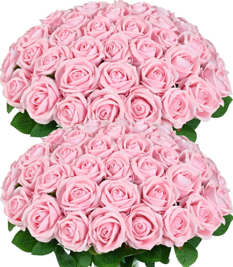 BLEUM CADE 50 Pcs Pink Roses Artificial Flowers, Real Touch Velvet Roses Bouquet Fake Flowers Bulk, Artificial Roses with Long Stems for Birthday Gift Women Mom DIY Bridal Wedding Centerpiece Decorations - Image 1