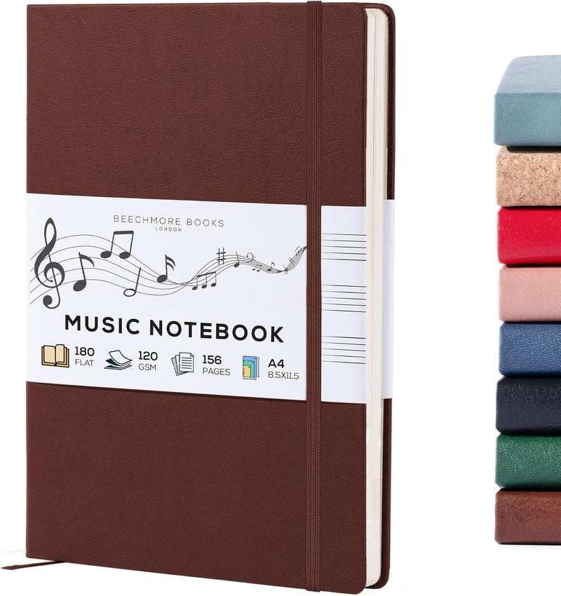 Beechmore Books دفتر موسيقى فارغ – A4 8.5x11.5 للملحنين، الموسيقيين والمؤلفين، 156 صفحة سميكة 120gsm، 10 ورقات مثقوبة، غلاف من جلد نباتي، إغلاق مرن، صندوق هدايا - Image 1