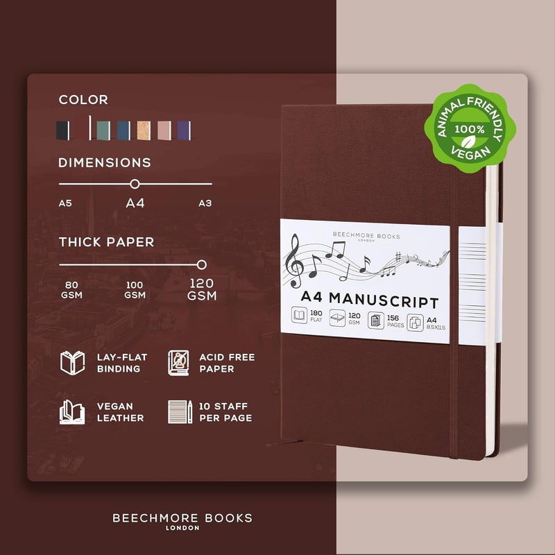 Beechmore Books دفتر موسيقى فارغ – A4 8.5x11.5 للملحنين، الموسيقيين والمؤلفين، 156 صفحة سميكة 120gsm، 10 ورقات مثقوبة، غلاف من جلد نباتي، إغلاق مرن، صندوق هدايا - Image 2