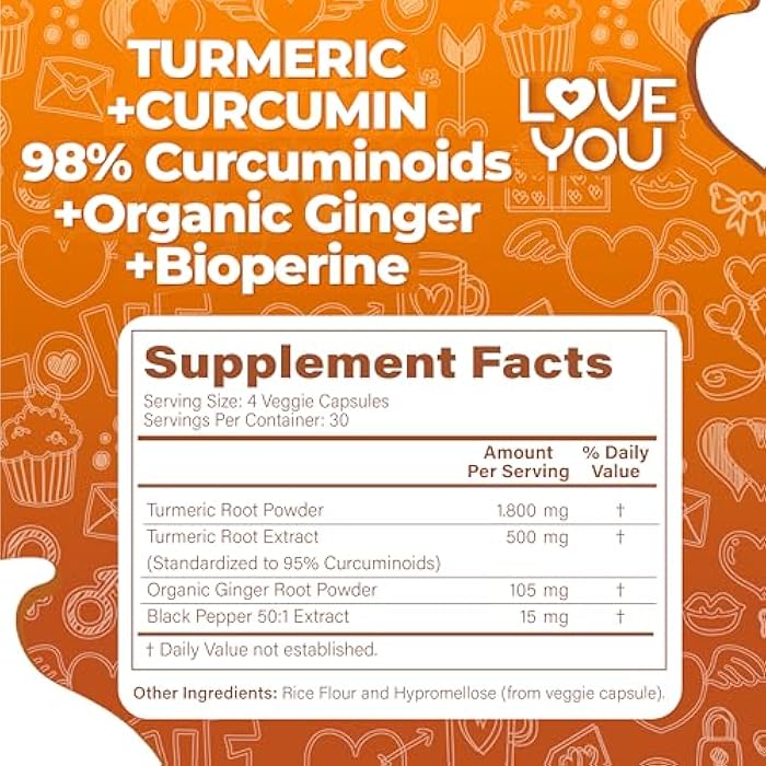 Love You Turmeric Curcumin with Organic Ginger & BioPerine Black Pepper – 120 Vegan Capsules - Image 3