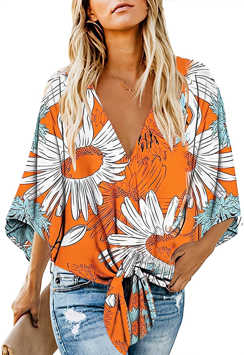 QegarTop Women's Casual Floral Blouse Batwing Sleeve Loose Fitting Shirts Boho Knot Front Tops Yellow XL - Image 1