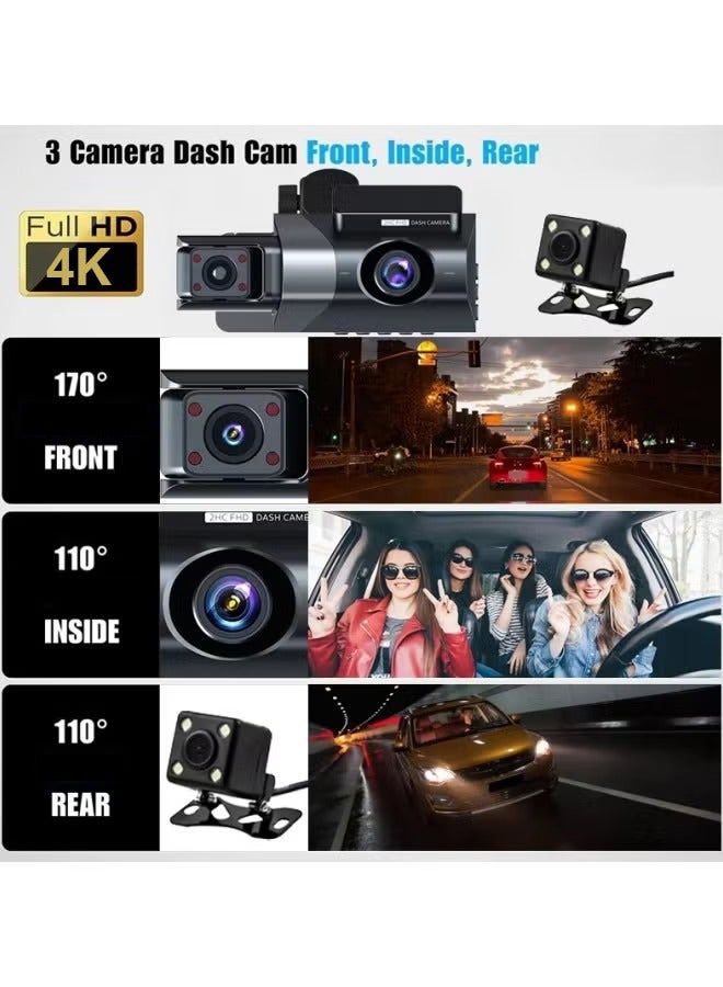 Poxvalzor 4K three lens driving record，3-inch screen with built-in GPS, WiFi, car DVR, 24-hour parking monitoring, infrared night vision, rear camera，Front, interior, and rear reversing camera,Full screen reverse image,Emergency snapshot,loop recording ﻿ - Image 5