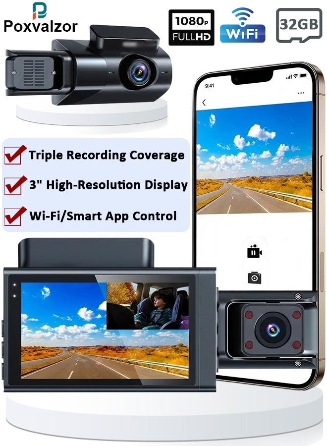 Poxvalzor 4K three lens driving record，3-inch screen with built-in GPS, WiFi, car DVR, 24-hour parking monitoring, infrared night vision, rear camera，Front, interior, and rear reversing camera,Full screen reverse image,Emergency snapshot,loop recording ﻿ - Image 1