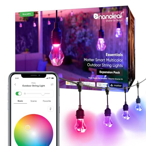 Nanoleaf نانوليف إيسينشالز ماتر سمارت مولتي كولور أوتدور سترينج لايتس سمارتير كيت مع لمبات LED RGBICW قابلة للعنونة، أبيض ومتغير الألوان، واي-فاي + بلوتوث، مقاومة للماء IP 65 (توسعة 49ft) - Image 1
