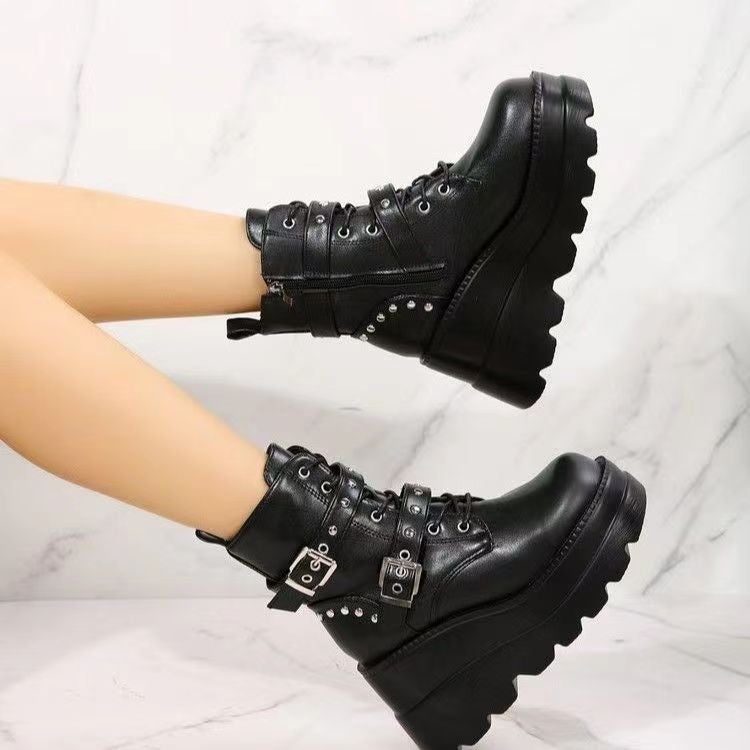 Martin Boots Women'S 2023 New Fashion Rivet Belt Buckle Muffin Thick Bottom High Heel Short Tube Women'S Boots - Image 4