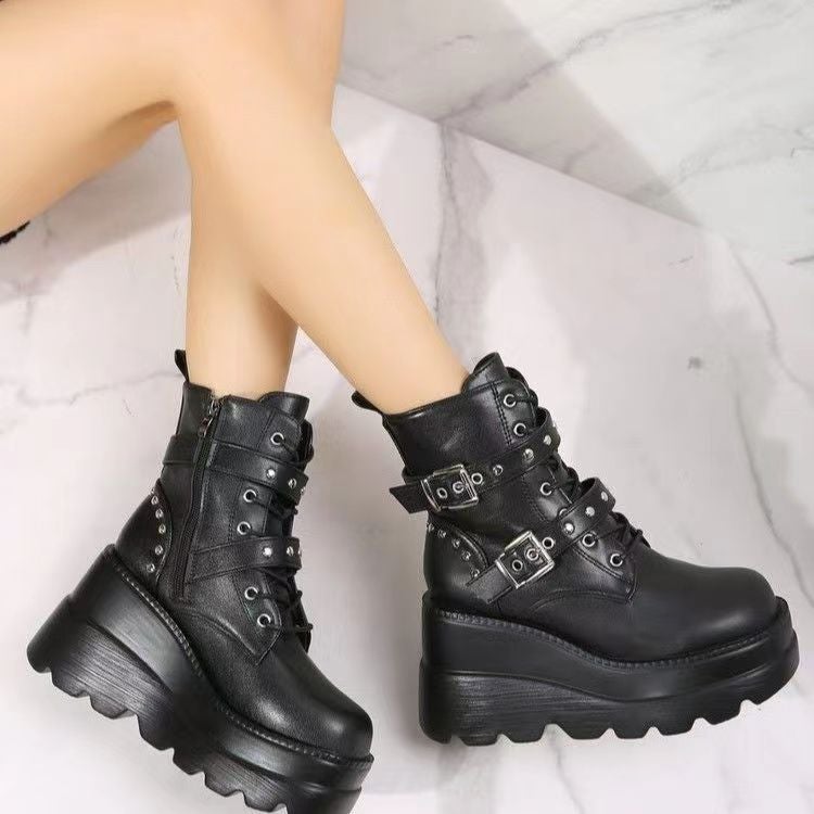 Martin Boots Women'S 2023 New Fashion Rivet Belt Buckle Muffin Thick Bottom High Heel Short Tube Women'S Boots - Image 1