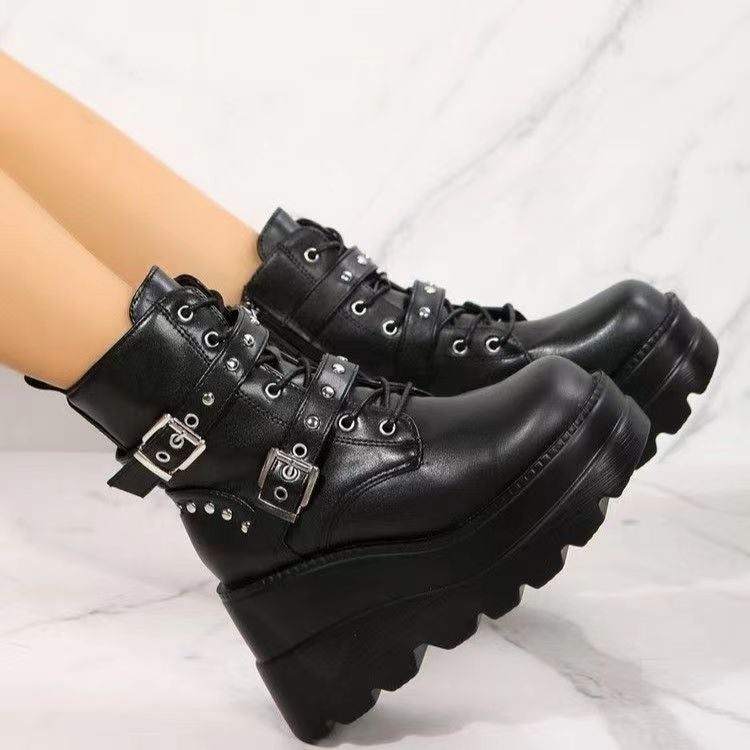 Martin Boots Women'S 2023 New Fashion Rivet Belt Buckle Muffin Thick Bottom High Heel Short Tube Women'S Boots - Image 3