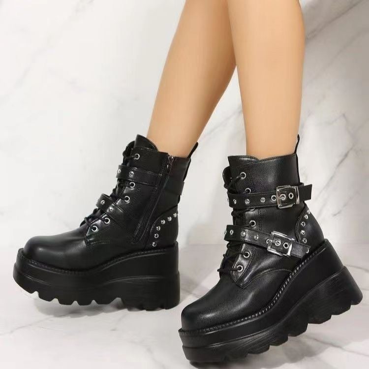 Martin Boots Women'S 2023 New Fashion Rivet Belt Buckle Muffin Thick Bottom High Heel Short Tube Women'S Boots - Image 2