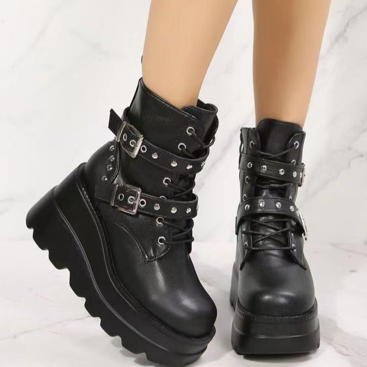Martin Boots Women'S 2023 New Fashion Rivet Belt Buckle Muffin Thick Bottom High Heel Short Tube Women'S Boots - Image 5