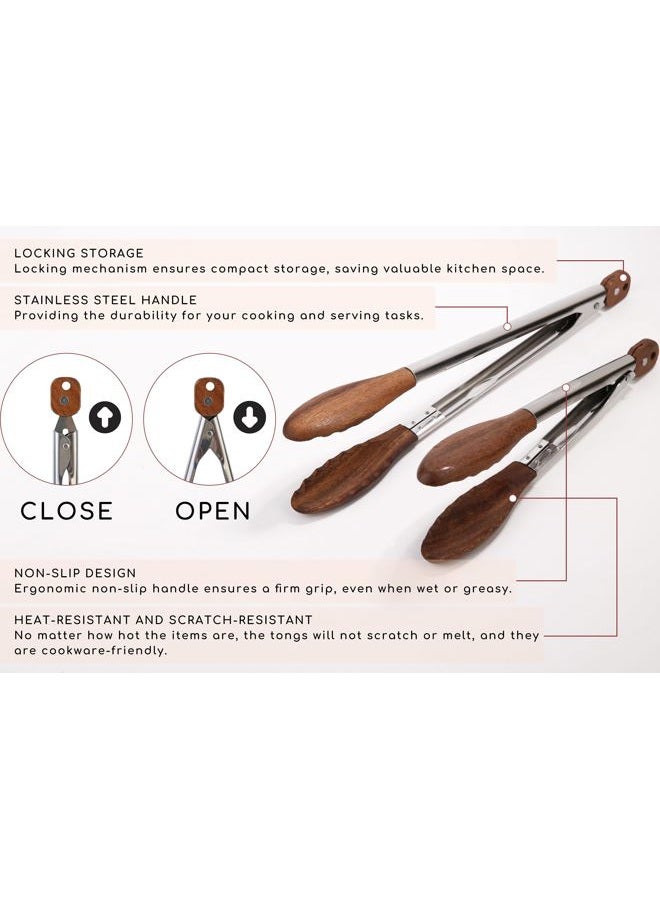 Donxote Kitchen Tongs Set - 9" & 12" Anti-Slip Long Wooden Cooking Tongs for BBQ, Grilling, Salad Tossing & Serving - Heat Resistant, Non-Stick Stainless Steel Handles with Hanging Hole - Image 3