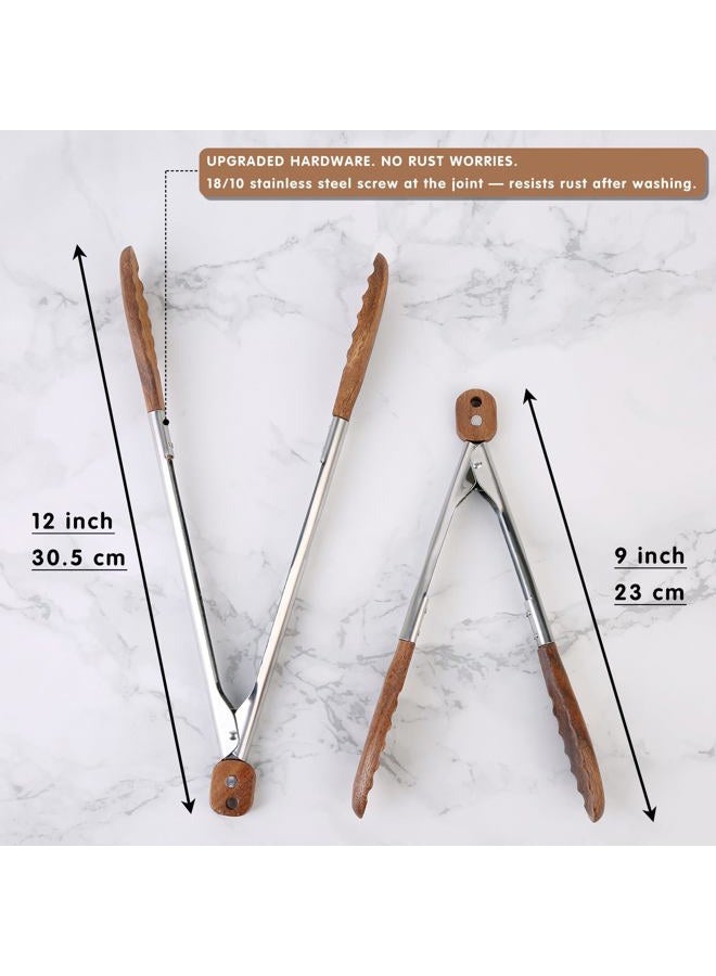 Donxote Kitchen Tongs Set - 9" & 12" Anti-Slip Long Wooden Cooking Tongs for BBQ, Grilling, Salad Tossing & Serving - Heat Resistant, Non-Stick Stainless Steel Handles with Hanging Hole - Image 2