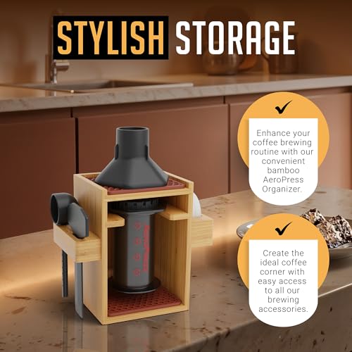 HEXNUB – Compact AeroPress Organizer Stand, Bamboo Coffee Caddy for AeroPress Coffee Maker, Accessories, Filters, Cups, Includes Mats - Brown - Image 4