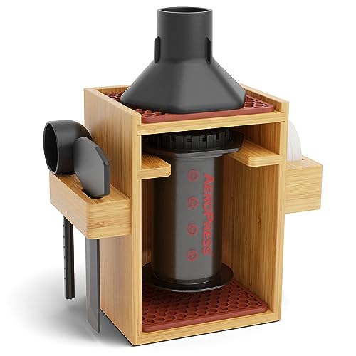 HEXNUB – Compact AeroPress Organizer Stand, Bamboo Coffee Caddy for AeroPress Coffee Maker, Accessories, Filters, Cups, Includes Mats - Brown - Image 1