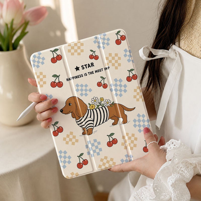 Tablet Case for iPad, Dachshund Cherry Checkerboard, iPad Case for Mini Air Pro 4 5 6 7 8 9 10 11 12, for 7.9 8.3 9.7 10.2 10.5 10.9 11 12.9 13 inch Clear Protective Anti-Drop Cover with Stand - Image 1