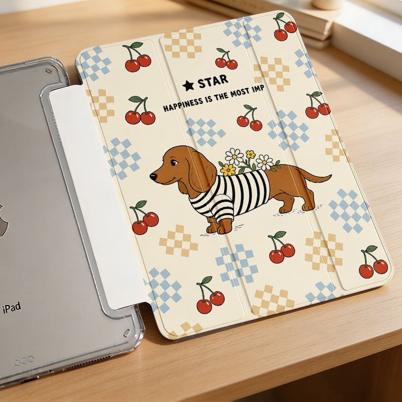 Tablet Case for iPad, Dachshund Cherry Checkerboard, iPad Case for Mini Air Pro 4 5 6 7 8 9 10 11 12, for 7.9 8.3 9.7 10.2 10.5 10.9 11 12.9 13 inch Clear Protective Anti-Drop Cover with Stand - Image 3
