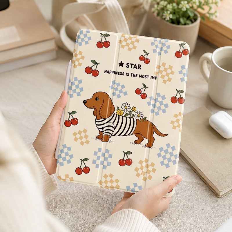 Tablet Case for iPad, Dachshund Cherry Checkerboard, iPad Case for Mini Air Pro 4 5 6 7 8 9 10 11 12, for 7.9 8.3 9.7 10.2 10.5 10.9 11 12.9 13 inch Clear Protective Anti-Drop Cover with Stand - Image 5