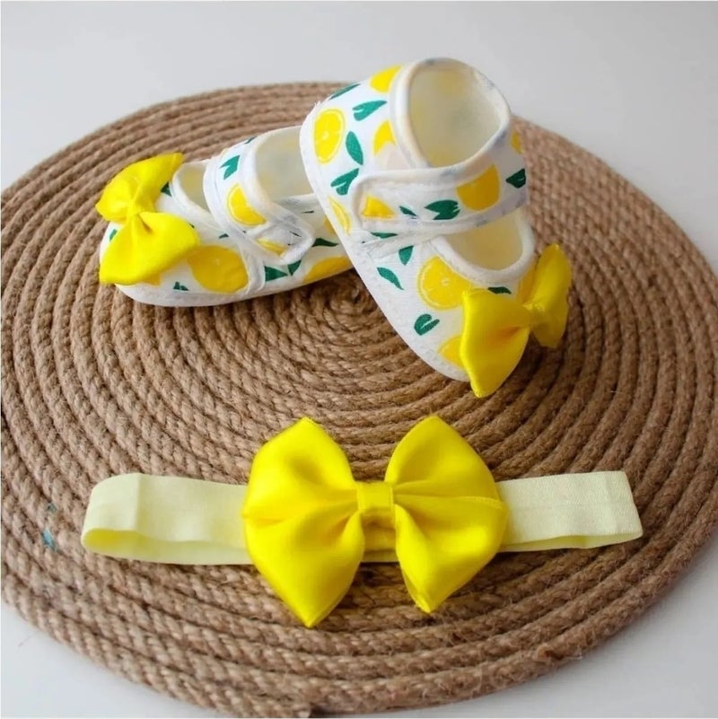 Vav Baby Baby Girl Lemon Patterned Bow Booties and Bandana Set 0 - 6 Months Soft Sole Cute and Comfortable 